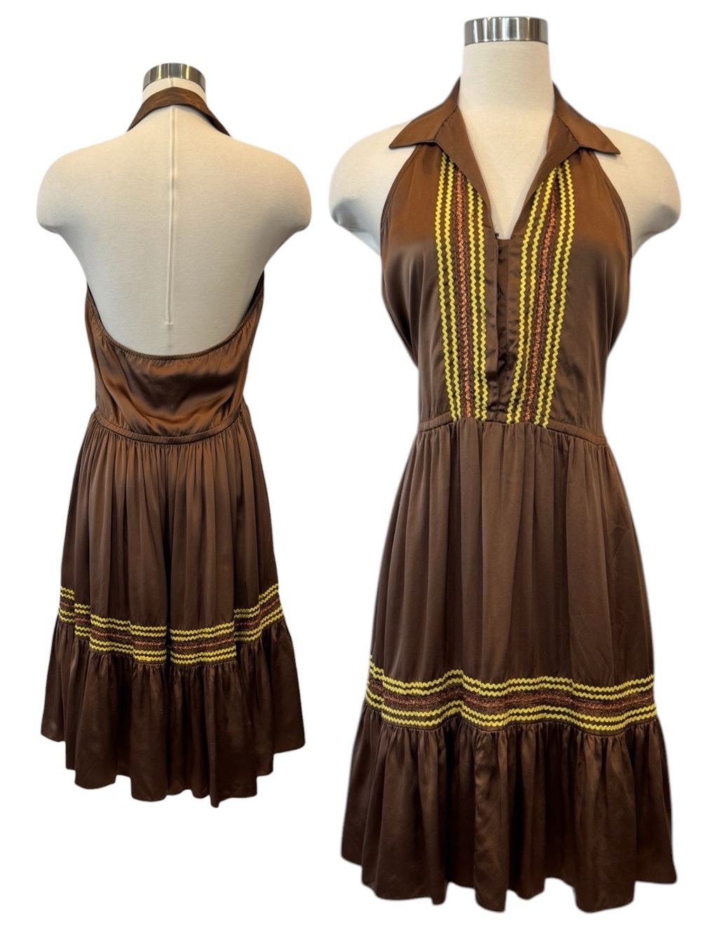 Betsey Johnson New York 100% Silk Brown Vintage 90s Grunge Halter Peasant Dress